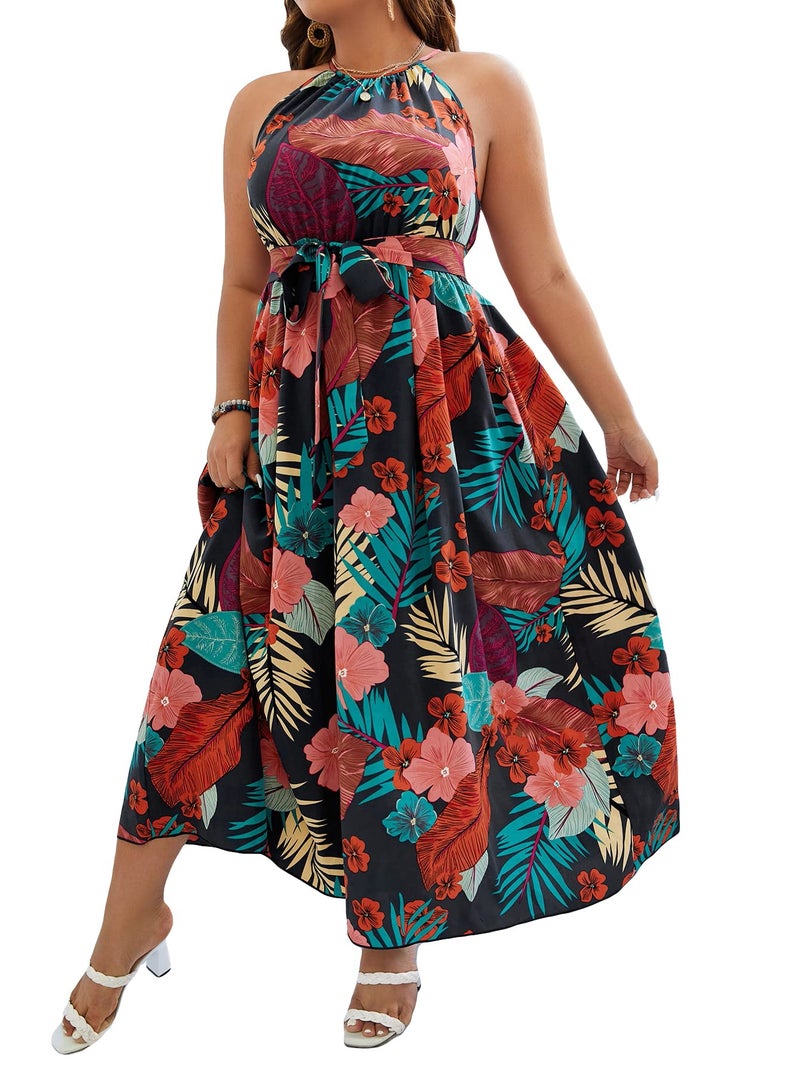 Floerns Women's Plus Size Boho Sleeveless Halter Neck Tie Back A Line Long Dress Black Multi 3XL - Image 1