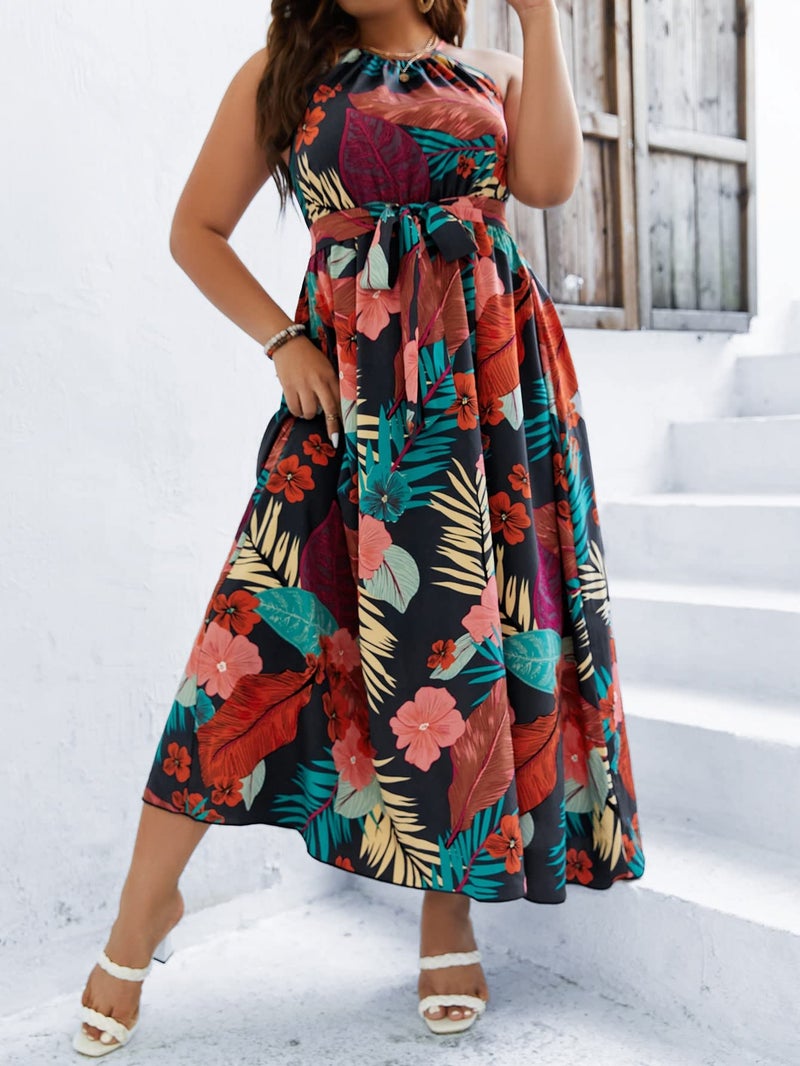 Floerns Women's Plus Size Boho Sleeveless Halter Neck Tie Back A Line Long Dress Black Multi 3XL - Image 5