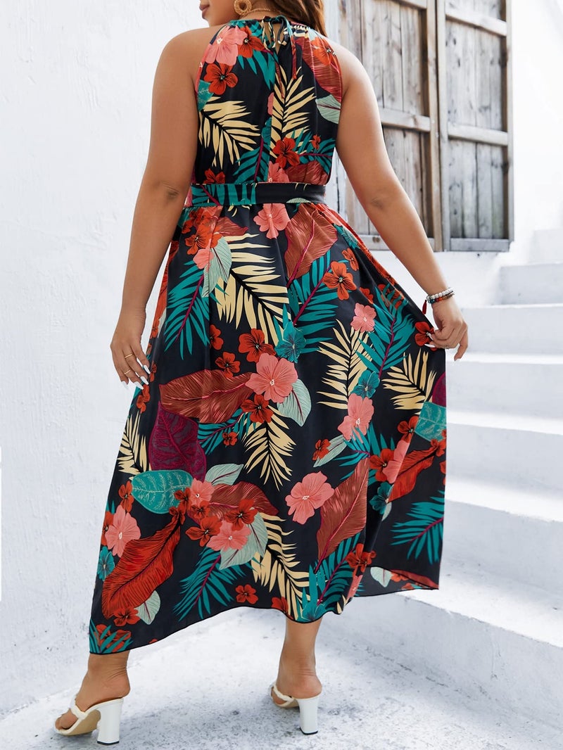 Floerns Women's Plus Size Boho Sleeveless Halter Neck Tie Back A Line Long Dress Black Multi 3XL - Image 2
