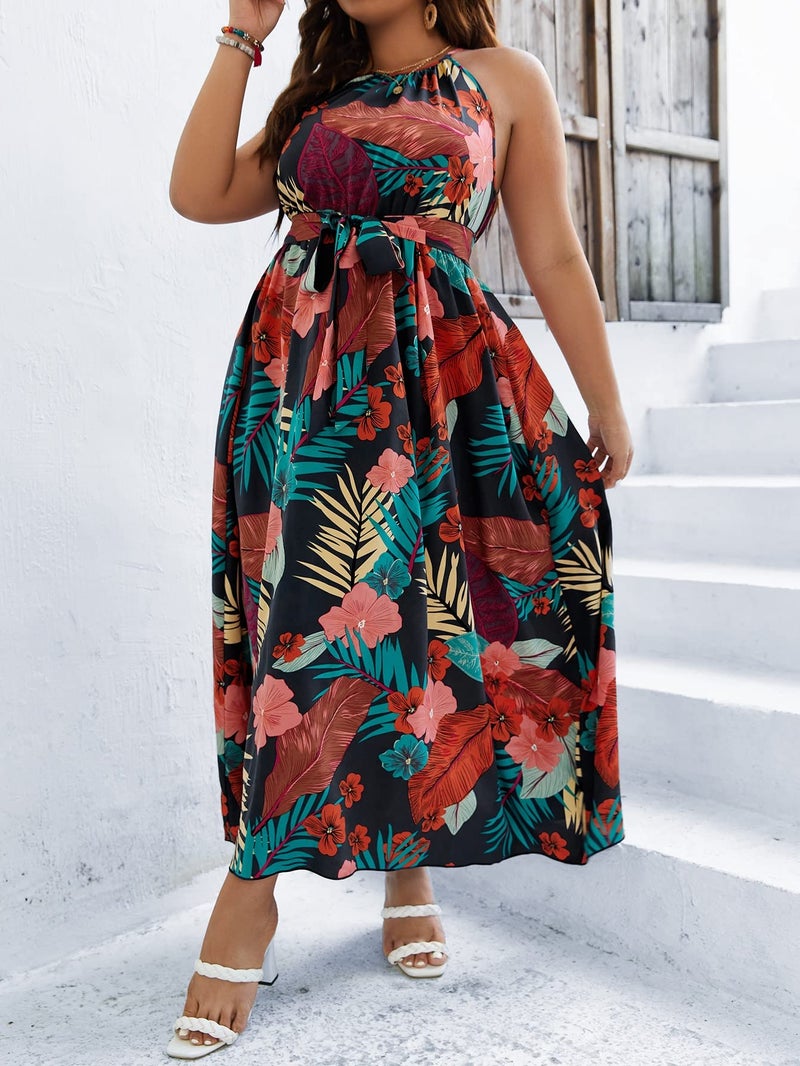 Floerns Women's Plus Size Boho Sleeveless Halter Neck Tie Back A Line Long Dress Black Multi 3XL - Image 4