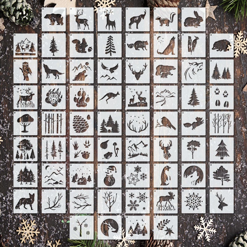 Marspark 66 Pcs Small Stencils for Crafts Reusable 3 Inch Stencils for Painting on Wood DIY Craft Paint Template for Wall Home Decor Card Rock Canvas Drawing Holiday OrnamentDeer