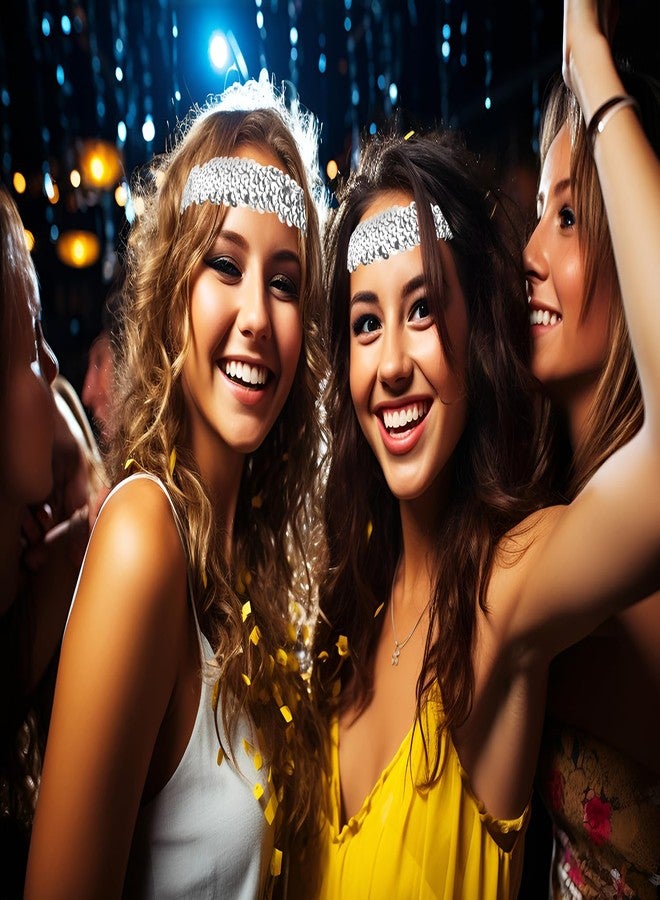 PENTA ANGEL رباط رأس بانتاجل مزين بالخرز للنساء 2 قطع 80s 90s عتيق مرن لامع بريق موضة إكسسوارات شعر للفتيات حفلة هالوين زي (فضي، 3×16.5 سم) - Image 4