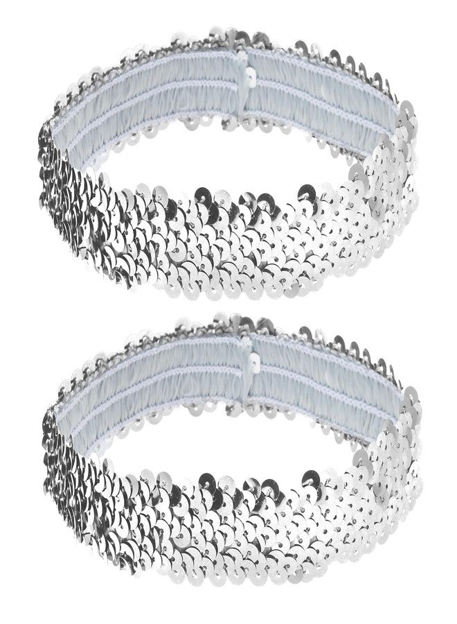 PENTA ANGEL رباط رأس بانتاجل مزين بالخرز للنساء 2 قطع 80s 90s عتيق مرن لامع بريق موضة إكسسوارات شعر للفتيات حفلة هالوين زي (فضي، 3×16.5 سم) - Image 1