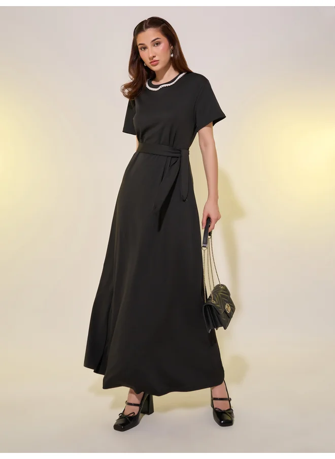تايك تو Take Two Faux Pearl Detail Belted A-Line Maxi Dress