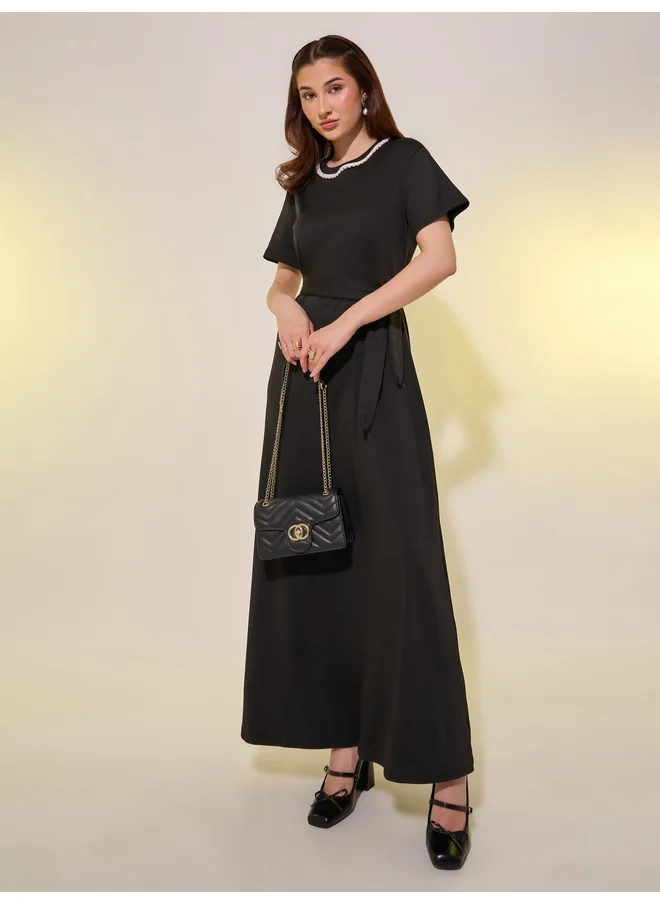 تايك تو Take Two Faux Pearl Detail Belted A-Line Maxi Dress
