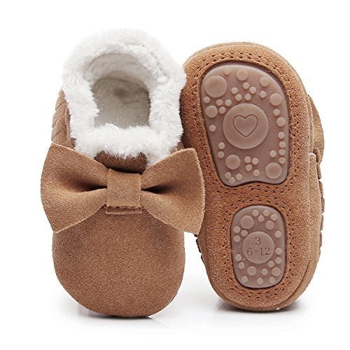 HONGTEYA Baby Moccasins With Fur Fleece Rubber Soles Warm Snow Boots Leather Baby Shoes For Boys Girls (12-18m/5.31", Bow-brown) - Image 3