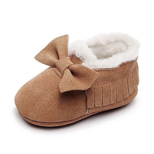 HONGTEYA Baby Moccasins With Fur Fleece Rubber Soles Warm Snow Boots Leather Baby Shoes For Boys Girls (12-18m/5.31", Bow-brown) - Image 4