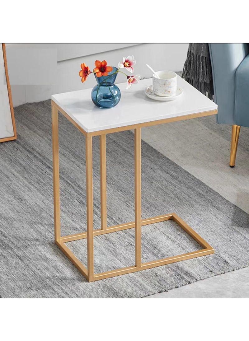 LINGWEI C Shape Designs Modern Industrial Square End Table Sofa Table Side Table Marble Top Surface and Golden Metal Frame 31x41x60cm  - Image 1