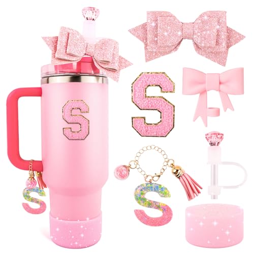 Lingdeer Pink Cup Accessories Set for Stanley 30OZ & 40OZ Tumbler with Handle, Letter Charms, Bow & Diamond Straw Covers, Glitter Silicone Boot, Personalized Sticker for Stanley Cup Accessories (S) - Image 1
