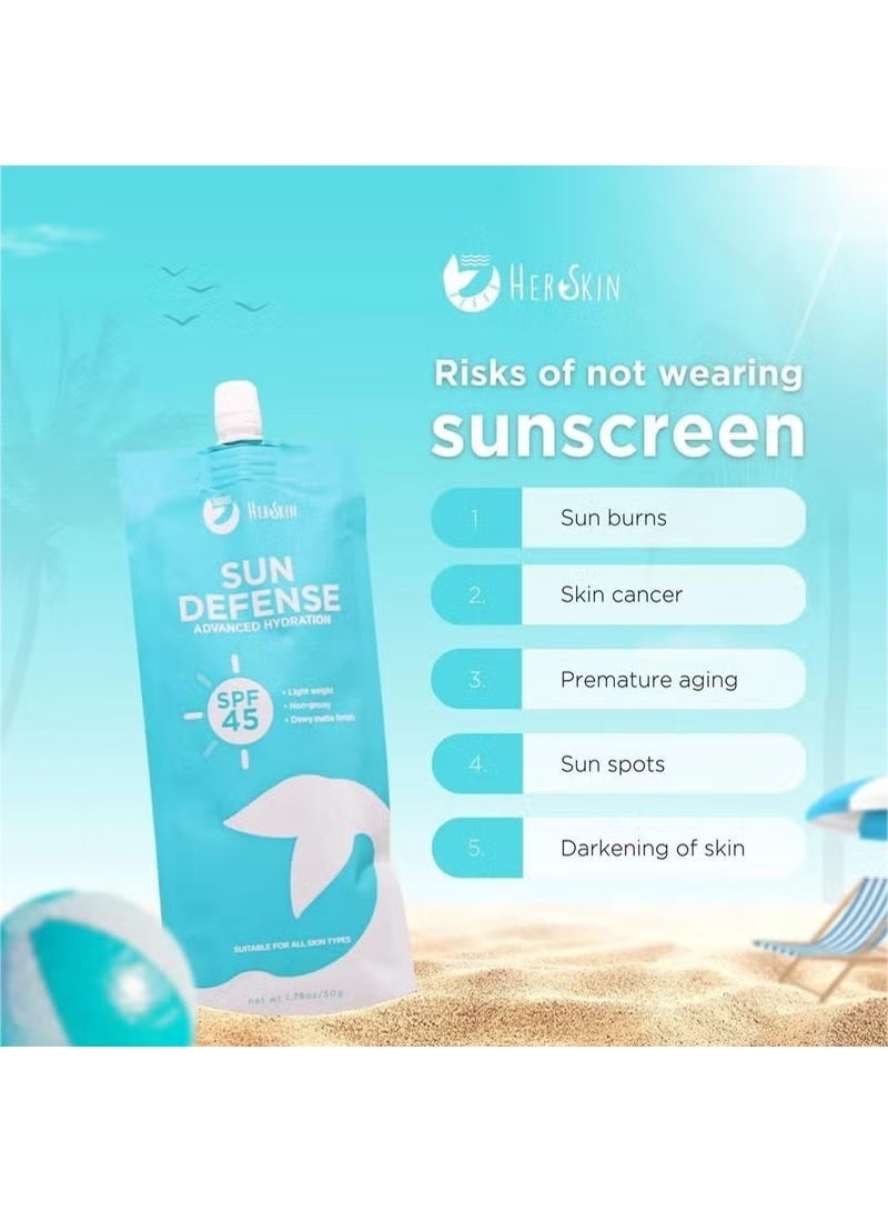 Her Skin واقي شمس متقدم للترطيب مع حماية SPF 45 بتركيبة خفيفة وسريعة الامتصاص مع لمسة نهائية مطفية مثالية لروتين العناية اليومية بالبشرة تحمي من أضرار الشمس وتحافظ على ترطيب البشرة - Image 2