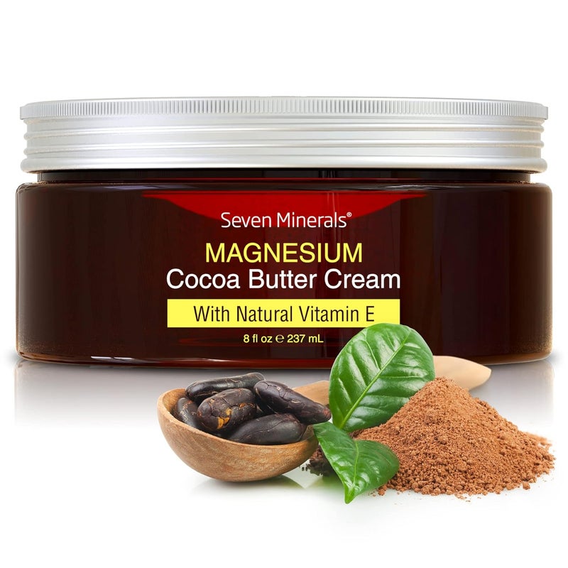 Seven Minerals Natural Magnesium Cream for Pain Calm Leg Cramps Sleep  Muscle Soreness With Moisturizing Organic Cocoa Butter  Vitamin E  No Harmful Ingredients USA Made Safe for Kids 8 fl oz