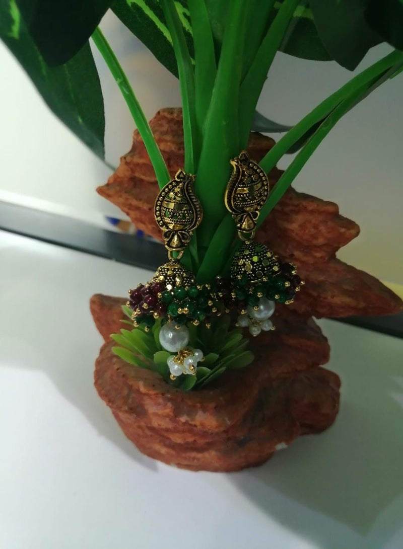 Fashionable Traditional Jhumki Earrings for Women and Girls - Green/Mehroon - Image 1