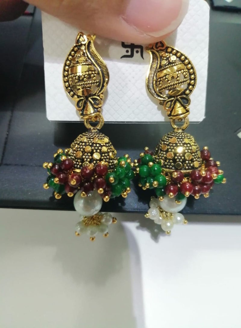 Fashionable Traditional Jhumki Earrings for Women and Girls - Green/Mehroon - Image 2