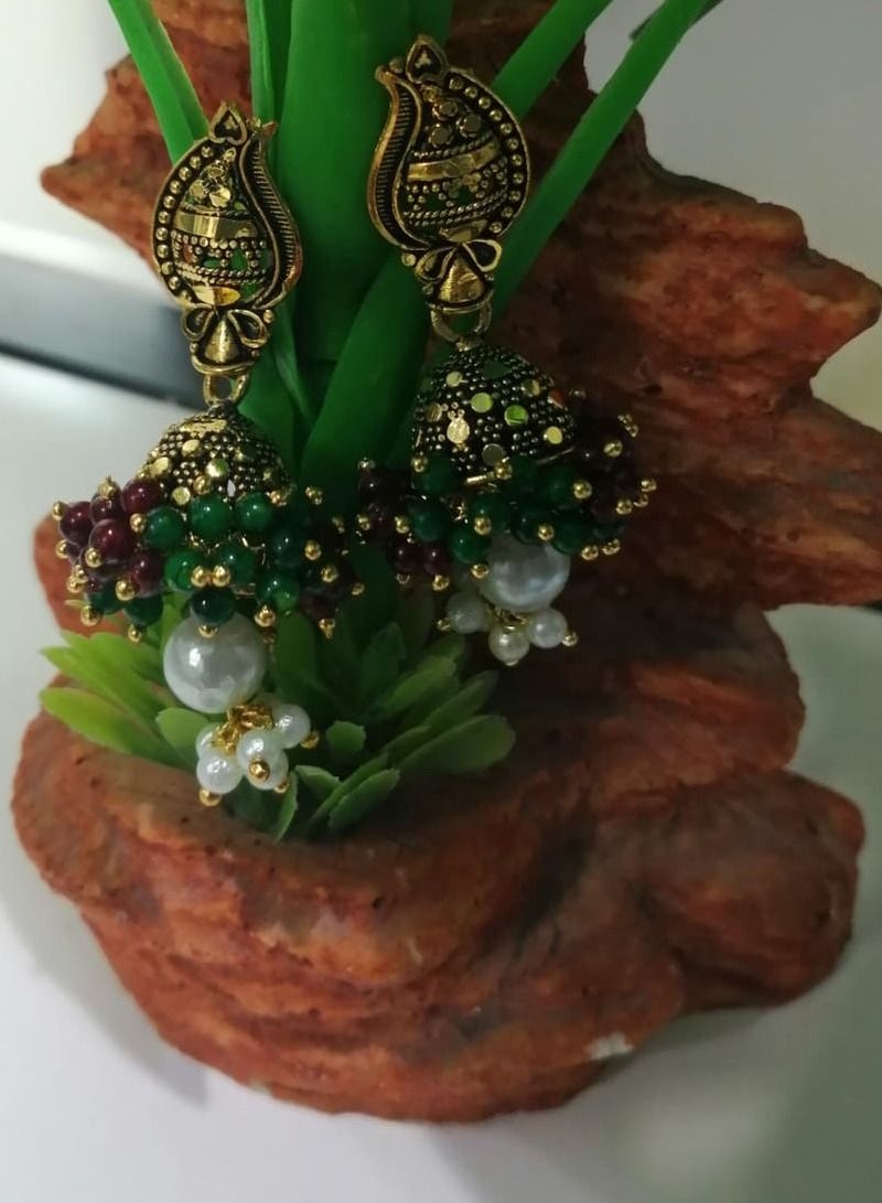 Fashionable Traditional Jhumki Earrings for Women and Girls - Green/Mehroon - Image 4