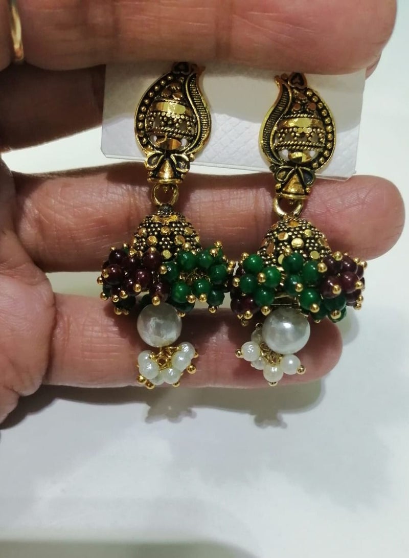 Fashionable Traditional Jhumki Earrings for Women and Girls - Green/Mehroon - Image 3