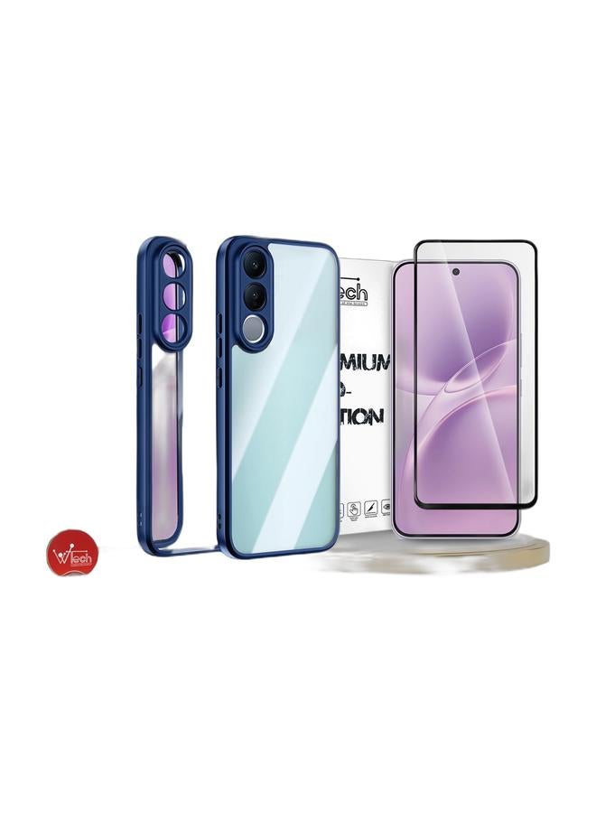 Wtech vivo V70 FE 5G 2026 Hybrid TPU Silicone with Raised Camera Slim Armour Case Cover (MCAPSA) - Clear/Navy Blue & vivo V70 FE 5G 2026 Premium E2E Series Full Glue Full Cover Tempered Glass Screen Protector (MSGECN) - Clear/Black Bundle - Image 1
