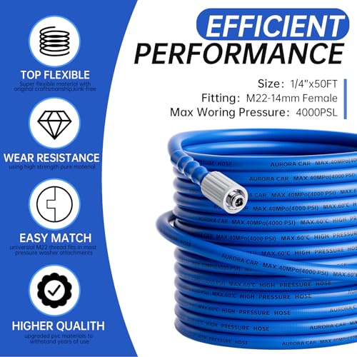 AURORA CAR Pressure Washer Hose 50 FT x 14Kink Resistant Power Washer Hose with M2214mm and 38 Quick Connection Kit4000 PSI Replacement Power Washer Hose for Electric Gas - Image 3