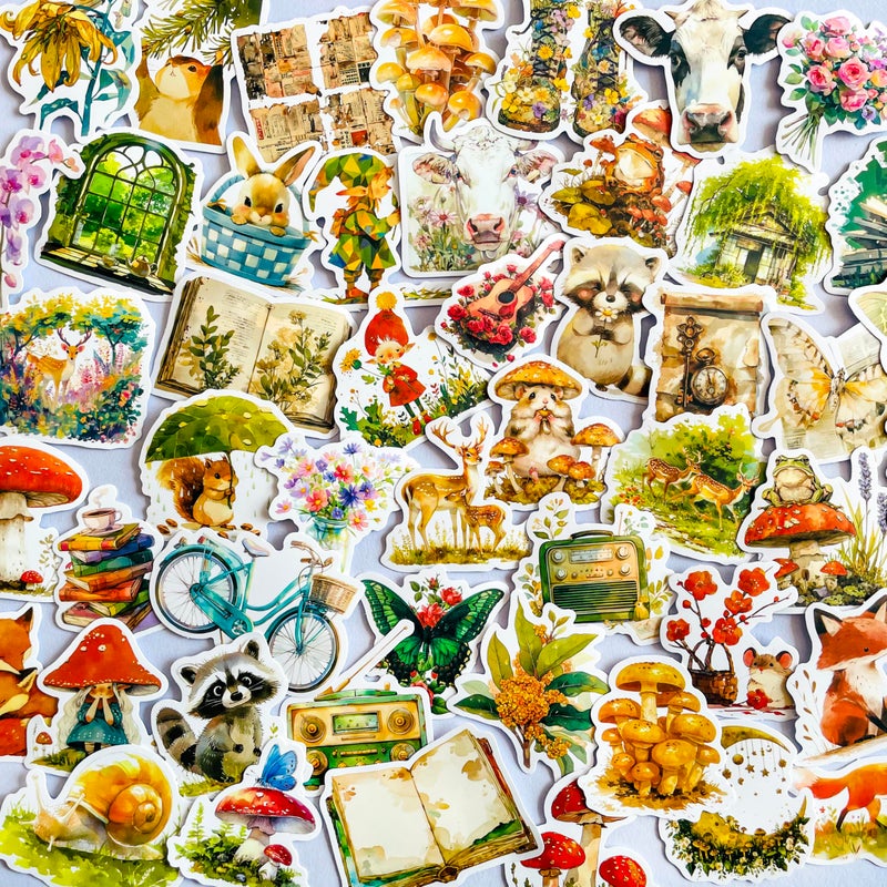YOKSAS 50-Piece Cartoon Fantasy Forest Sticker - Vintage Cottagecore Nature Fairytale Floral Botanical Animal Stickers for Water Bottles, Laptop,Scrapbooking,Journals - Image 1
