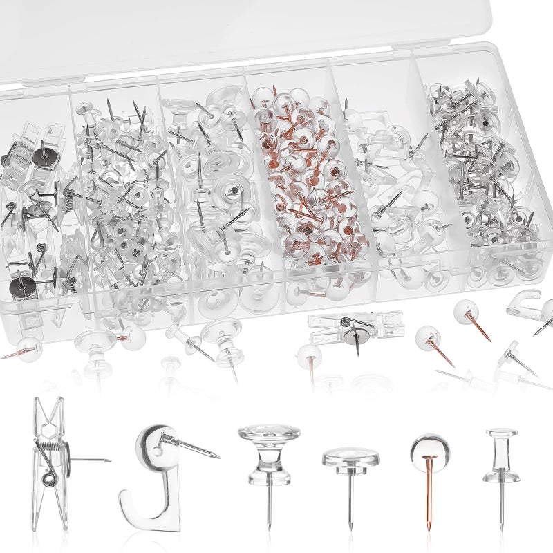 Okxiri 290 Pcs Push Pins, 6 Style Thumb Tacks Set for Wall Hanging,Cork Board, Bulletin Board, Decorative Steel Point Push Pins for Map, Photo, Craft, Office, Home - Clear - Image 1