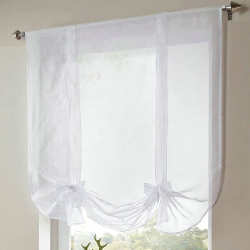 WPKIRA 1 Panel Ribbon Tie Up Solid White Roman Curtain Transparent Sheer Voile Balloon Shades with Solid Stripes Lift Sheer Curtain Drapes Voile Valances Cafe Kitchen W39 x L55 Inch - Image 1