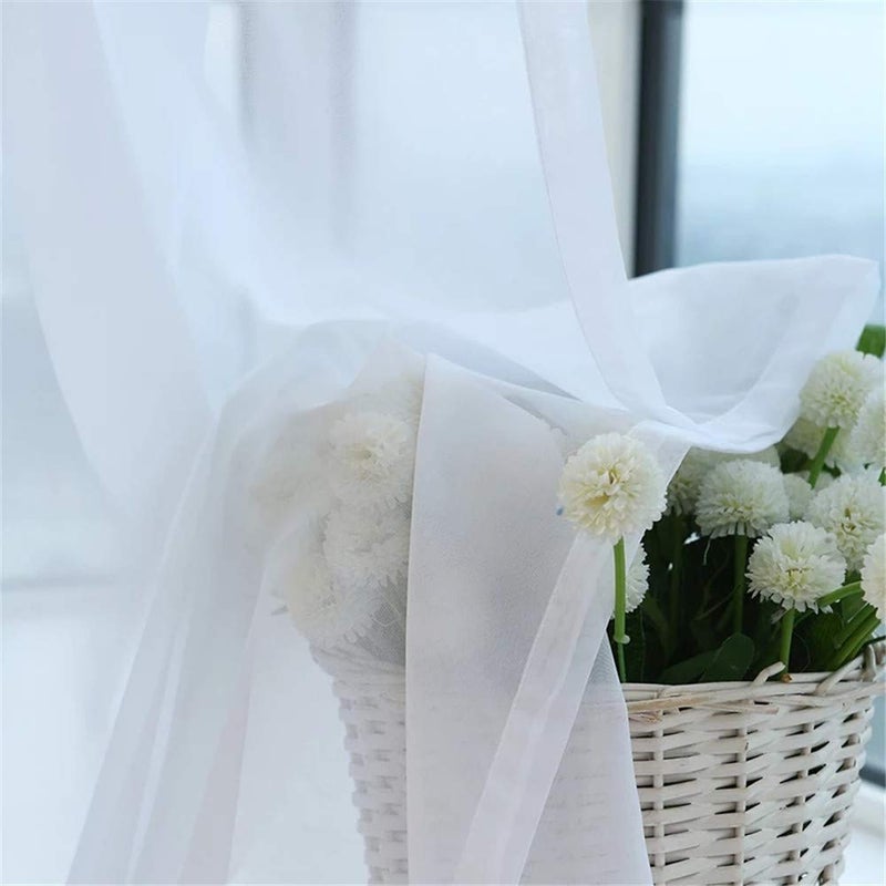 WPKIRA 1 Panel Ribbon Tie Up Solid White Roman Curtain Transparent Sheer Voile Balloon Shades with Solid Stripes Lift Sheer Curtain Drapes Voile Valances Cafe Kitchen W39 x L55 Inch - Image 3