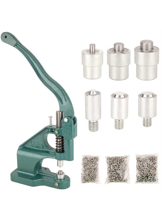يُسلِّم مجموعة أدوات ثقب حلقات العروة اليدوية شديدة التحمل - مكبس حلقات شديد التحمل - مع 3 قوالب قابلة للتبديل و1500 قطعة حلقات فضية (اللون: أخضر) - Image 1