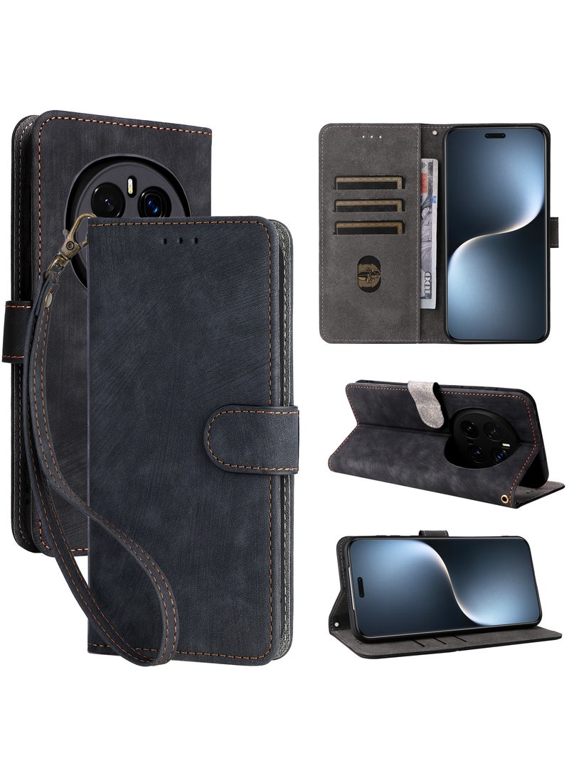 For Honor Magic 7 Pro Cover with Hand Strap, PU Leather Full Body Protection Shockproof Flip Mobile Cover, RFID Anti-theft Brush Folio Wallet Case
