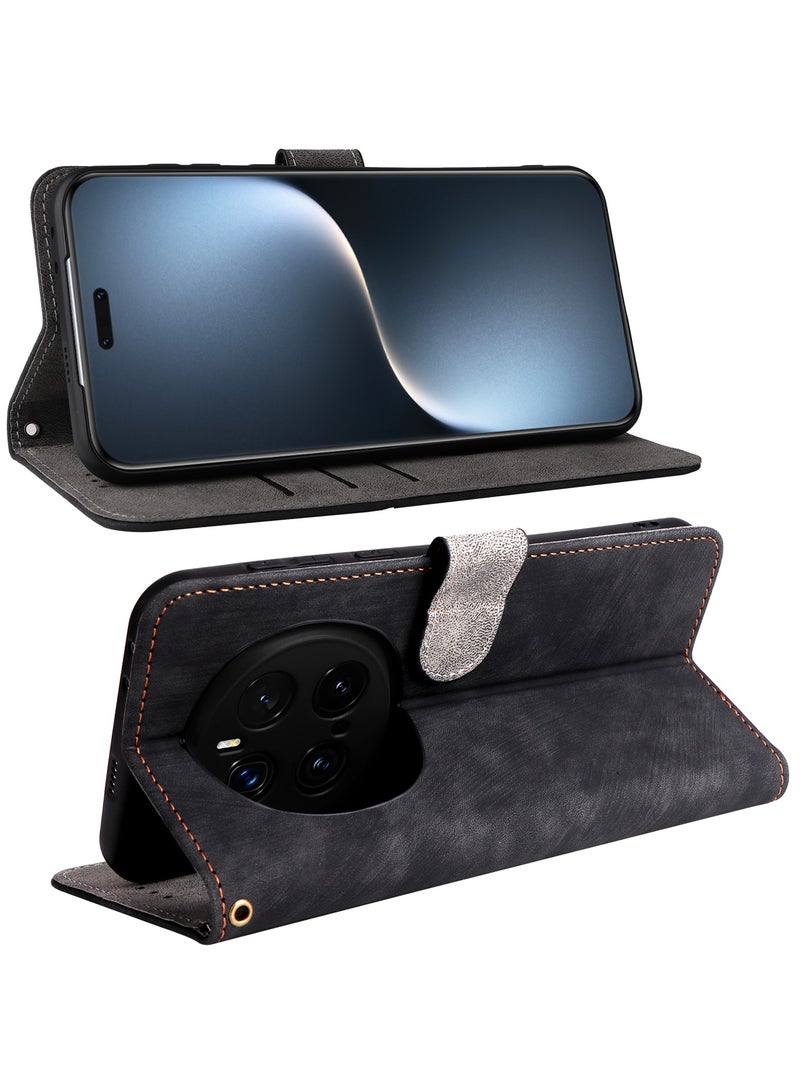 For Honor Magic 7 Pro Cover with Hand Strap, PU Leather Full Body Protection Shockproof Flip Mobile Cover, RFID Anti-theft Brush Folio Wallet Case