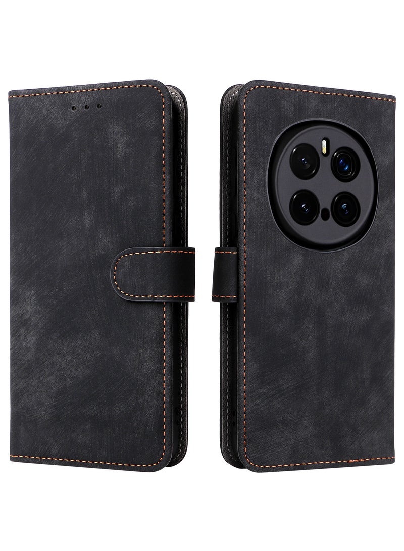 For Honor Magic 7 Pro Cover with Hand Strap, PU Leather Full Body Protection Shockproof Flip Mobile Cover, RFID Anti-theft Brush Folio Wallet Case