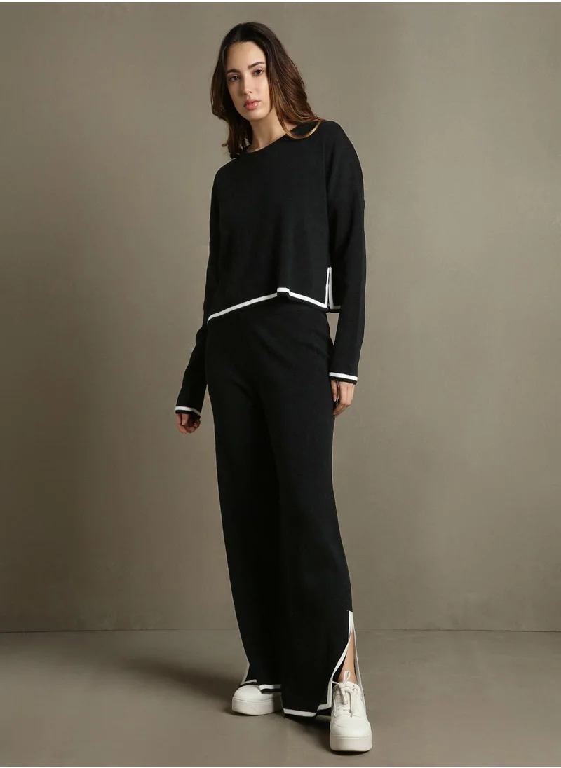 Dennis Lingo Women's Black 100% Acrylic Solid Regular Fit Sweater