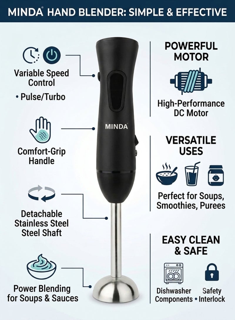 Minda Black Hand Blender with Stainless Steel Rod – Electric Stick Blender for Smoothies, Soups & Food Processing, Powerful Kitchen Mixer - Image 2
