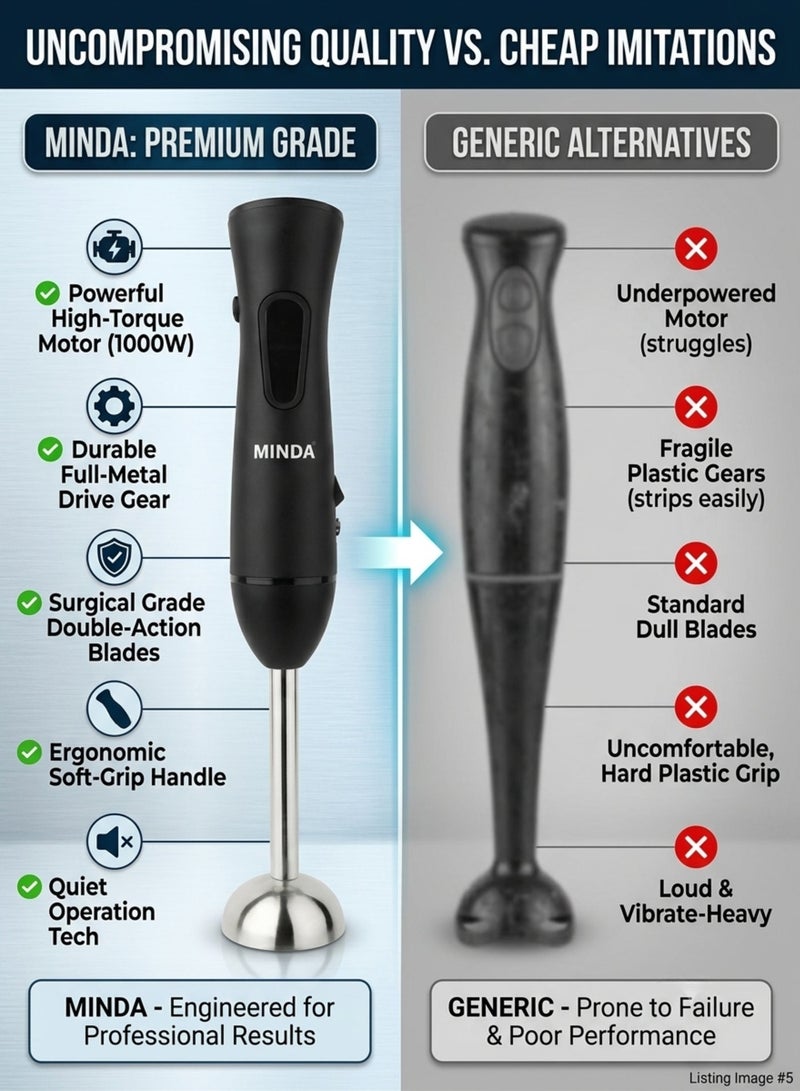 Minda Black Hand Blender with Stainless Steel Rod – Electric Stick Blender for Smoothies, Soups & Food Processing, Powerful Kitchen Mixer - Image 4