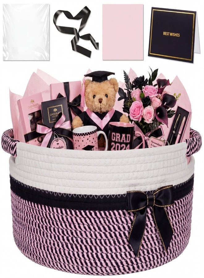 Colingmill Woven Gift Basket with Bags and Ribbons, Father Day Empty Gift Basket, Thank You Card & 2 Tissue Papers, Middle Storage Baskets for Organizing Wedding Birthday(Cherry Pink,14*10*6.5 Inch - Image 1