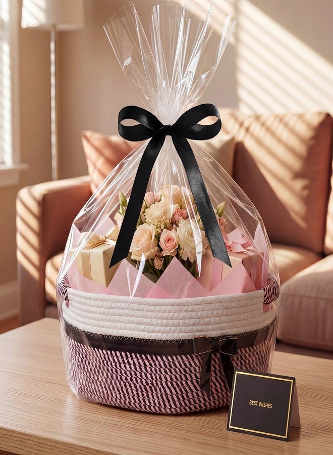 Colingmill Woven Gift Basket with Bags and Ribbons, Father Day Empty Gift Basket, Thank You Card & 2 Tissue Papers, Middle Storage Baskets for Organizing Wedding Birthday(Cherry Pink,14*10*6.5 Inch - Image 4