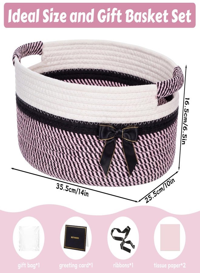 Colingmill Woven Gift Basket with Bags and Ribbons, Father Day Empty Gift Basket, Thank You Card & 2 Tissue Papers, Middle Storage Baskets for Organizing Wedding Birthday(Cherry Pink,14*10*6.5 Inch - Image 2
