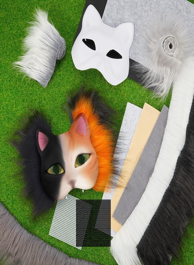 Seenelling مجموعة أقنعة ثيريان DIY من Seenelling، 23 قطعة، قناع قطة فارغ مع ورقة قماش من اللباد، فرو صناعي مخملي، شبكة للعينين لمعدات ثيريان (برتقالي وأسود) - Image 3