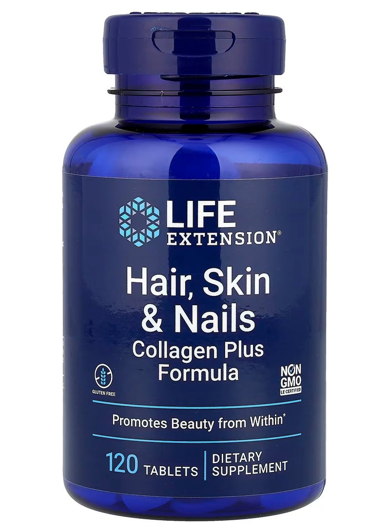 Life Extension Hair, Skin & Nails, Collagen Plus Formula, 120 Tablets - Image 1