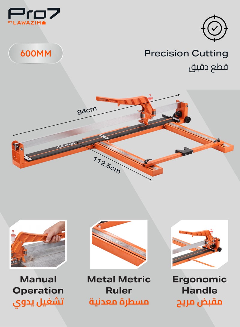 LAWAZIM Pro7 Manual Tile Cutter - Single Rail 23.62in/600mm with Laser Guide, Metal Metric Ruler, 0-45° Angle Adjustment & Support Bracket for Ceramic and Porcelain Floor & Wall Tile Installation - Image 2