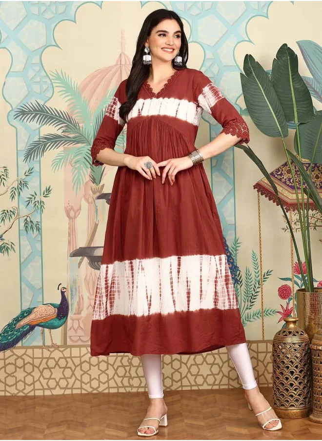 ISHIN Geometric Printed V-Neck Cotton Anarkali Kurta