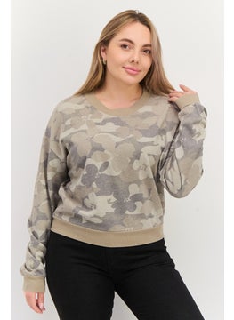 Women Crew Neck Long Sleeve Camouflage Sweatshirt, Khaki