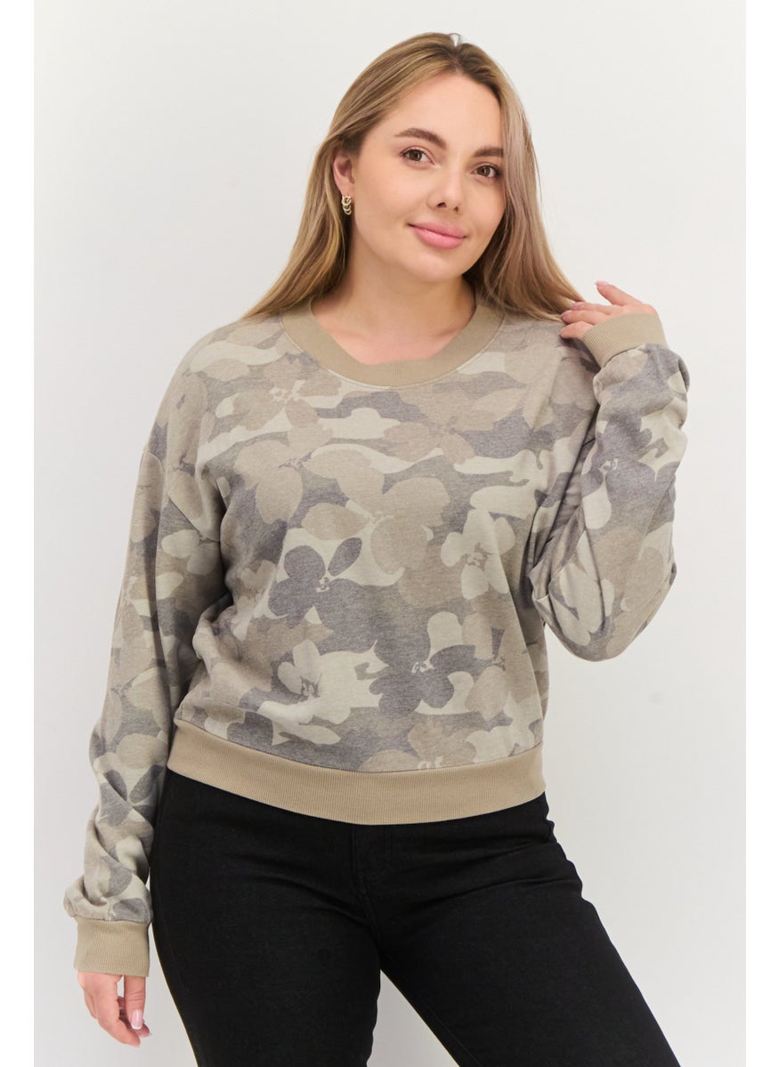 Hurley - Women Crew Neck Long Sleeve Camouflage Sweatshirt, Khaki - Image 1