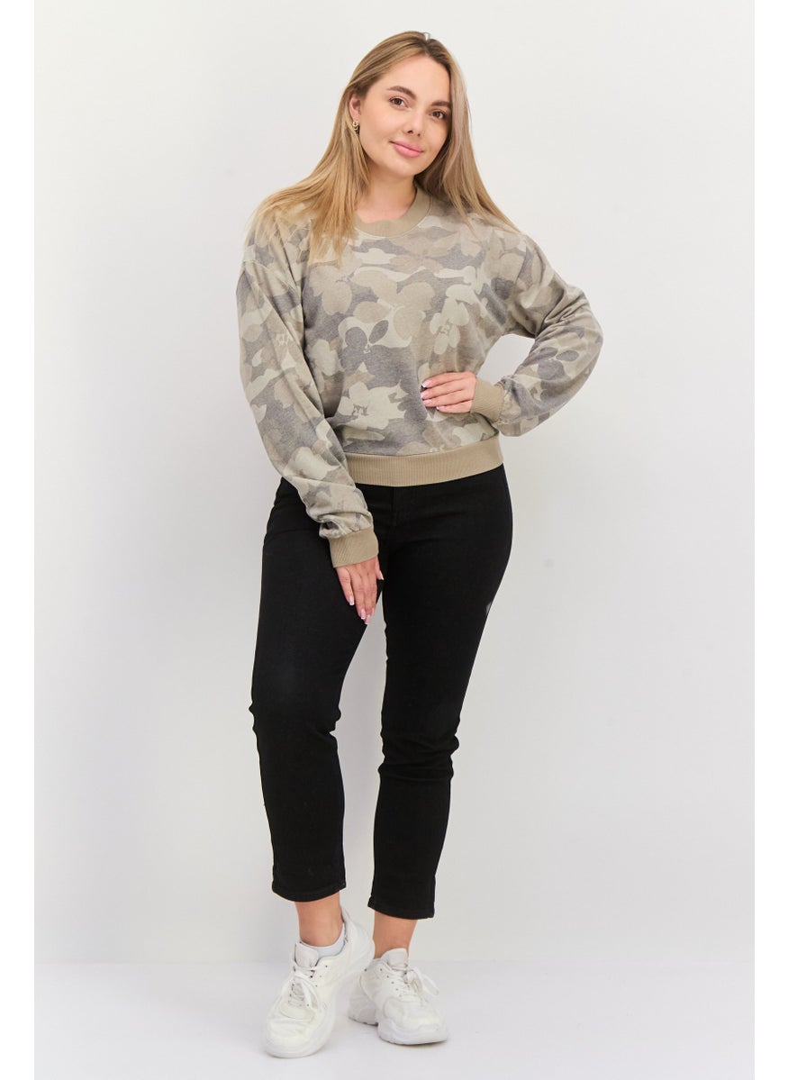 Hurley - Women Crew Neck Long Sleeve Camouflage Sweatshirt, Khaki - Image 1