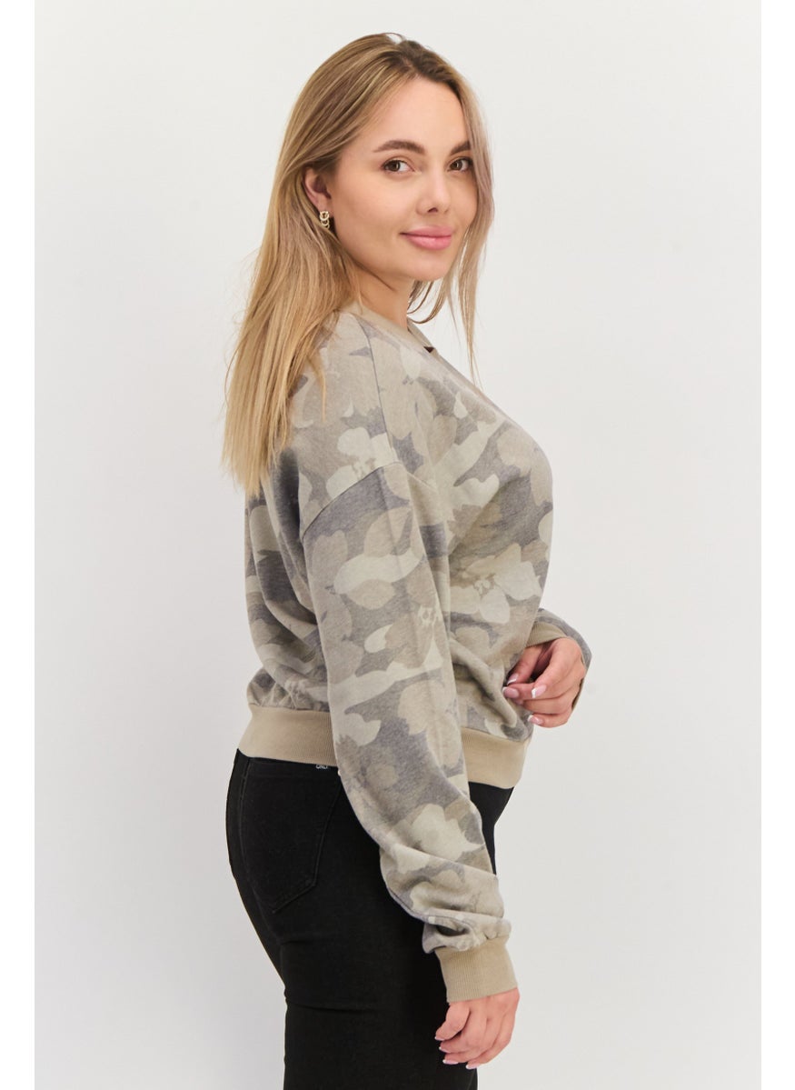 Hurley - Women Crew Neck Long Sleeve Camouflage Sweatshirt, Khaki - Image 1