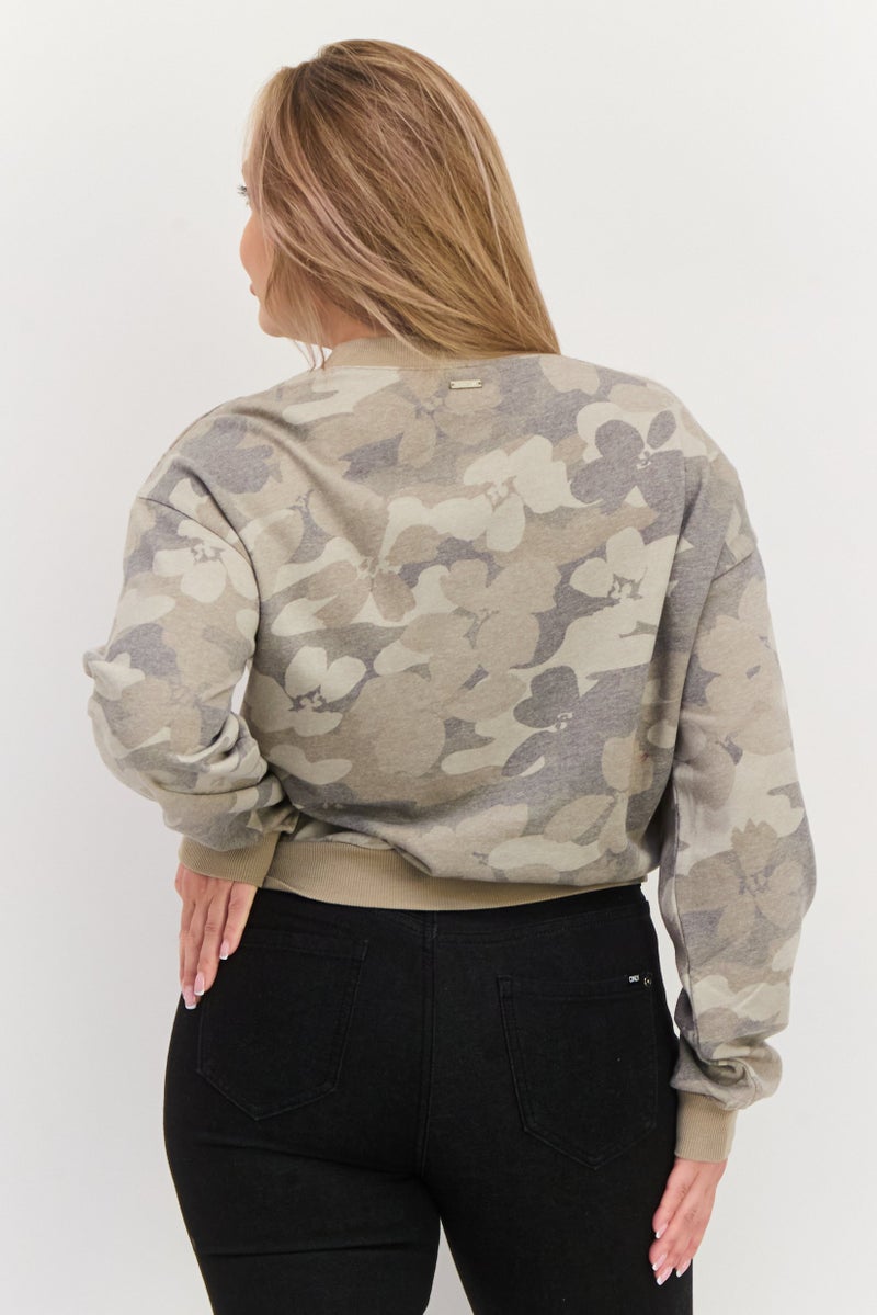 Hurley سويت شيرت نسائي بأكمام طويلة وياقة دائرية، تمويه، كاكي - Image 3