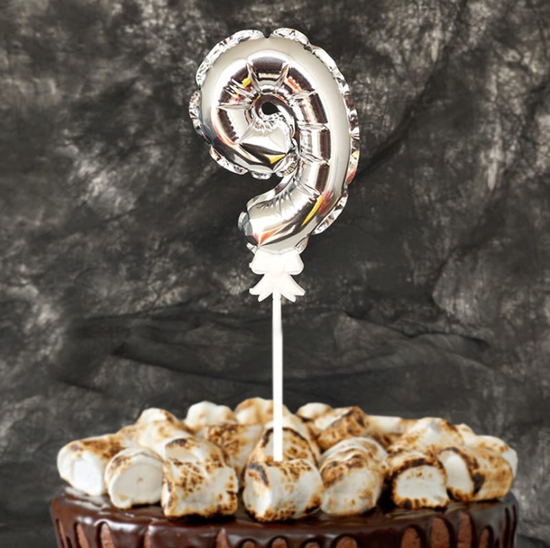 AMFIN® 9 Number Silver Foil Balloon Cake Topper for Birthday Decoration Cake Topper Number - Image 1
