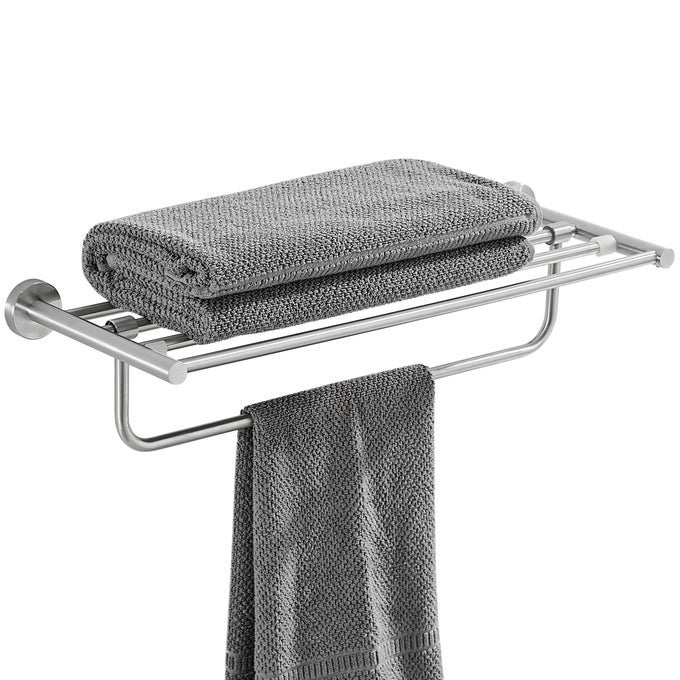 BATHROOM TOWEL RACK STAINLESS STEEL TOWEL SHELF WITH 24INCH TOWEL BAR WALL MOUNTED TOWEL STORAGE ORGANIZER BRUSHED SILVER