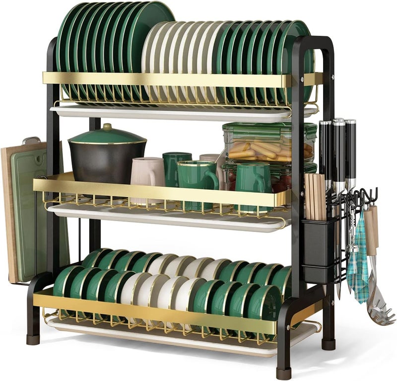 Occuwzz® 3-Tier Dish Drying Rack with Knife Cutting Board Holder, Rust-Proof Dish Drainer with Drip Tray, Large Kitchen Dish Strainers Dish Dryer Rack for Counter (Gold) - Image 1