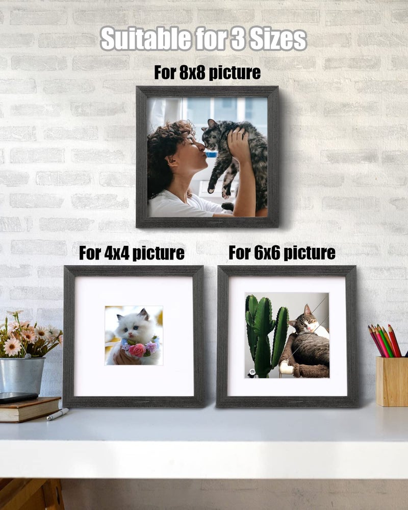 Egofine 8x8 Picture Frames Made of Solid Wood with Plexiglass  Display Pictures 4x4/6x6 with Mat or 8x8 Without Mat Set of 4 for Tabletop and Wall Mounting  Rustic Black - Image 4