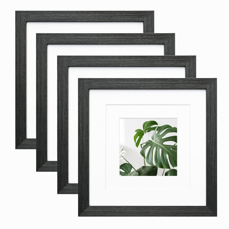 Egofine 8x8 Picture Frames Made of Solid Wood with Plexiglass  Display Pictures 4x4/6x6 with Mat or 8x8 Without Mat Set of 4 for Tabletop and Wall Mounting  Rustic Black - Image 1