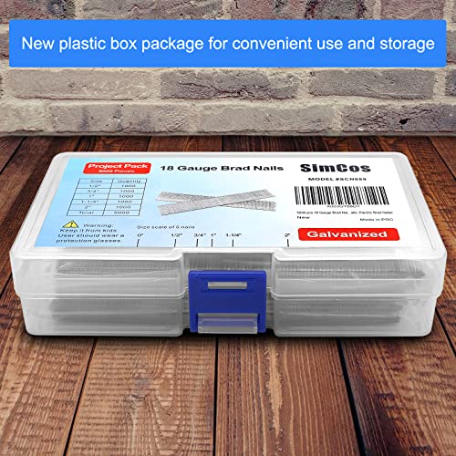 SimCos 5000 pcs 18 Gauge Brad Nails (2/5",5/8",3/4",1",1-1/4 inch) Galvanized 18 GA Nail Gun Nails Assorted and Small Finishing Nails for Pneumatic, Electric Brad Nailer(two kinds of package box) - Image 4